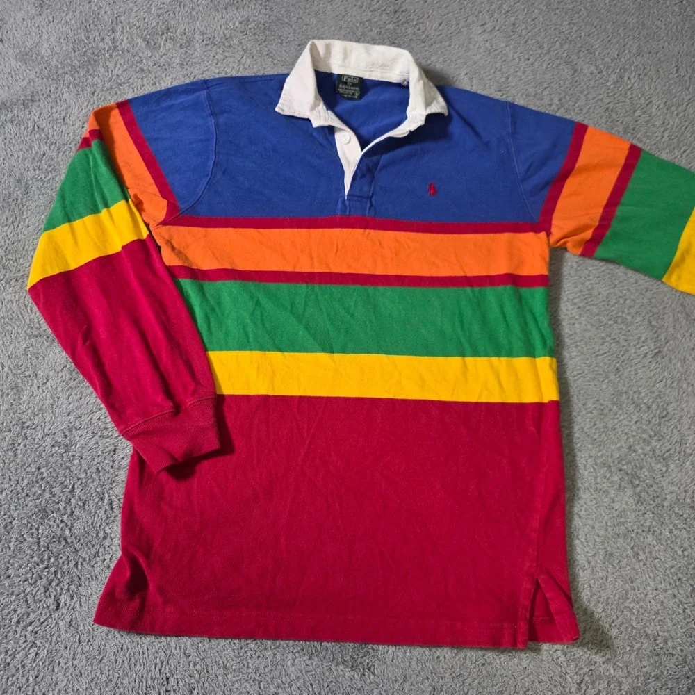 Polo Ralph Lauren Mens Large Rugby Shirt Multicolor Striped Long Slv Green Tag